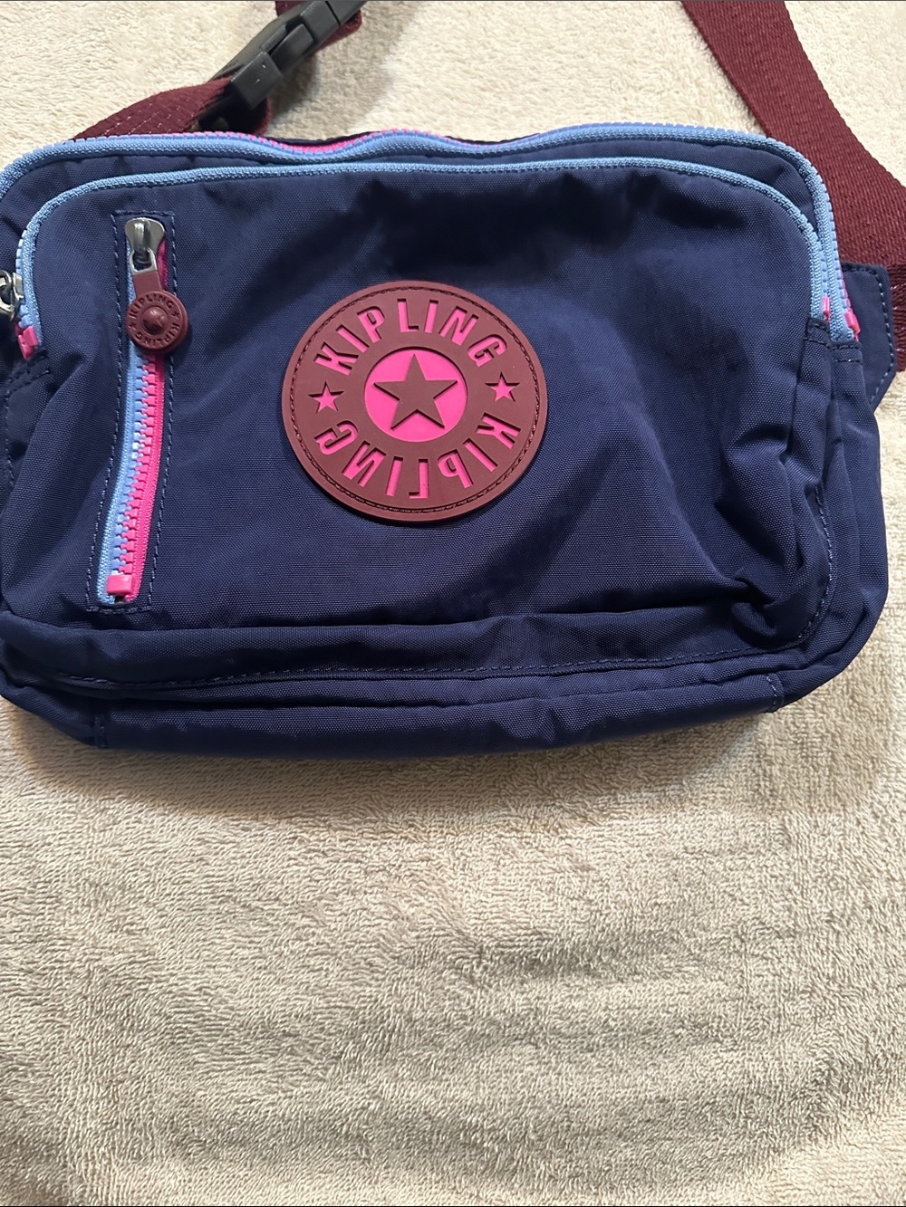 Kipling Navy and Pink Crossbody Bag with Burgundy Strap - Picture 3 of 10